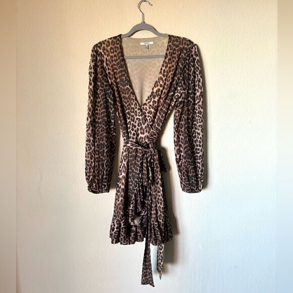 Ganni Mini Black Brown Dress Leopard Print Blouse Long Sleeve Wrap Size S - Picture 14 of 15